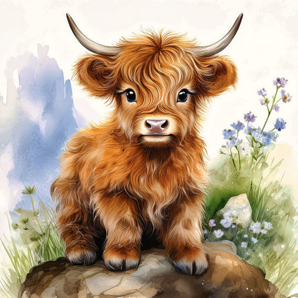A digitally printed 100% cotton fabric panel featuring a block design with a highland cow on a rock, surrounded by grass and flowers.