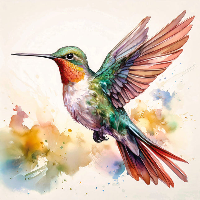 A digitally printed 100% cotton fabric panel featuring a vibrant hummingbird in flight with a watercolor splash background.
