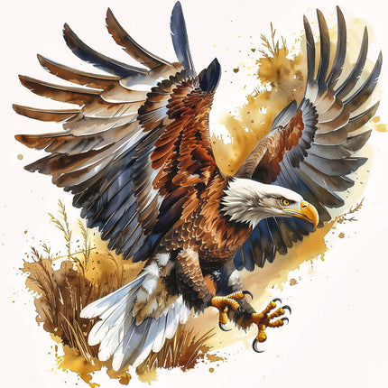 A digitally printed fabric panel featuring a block of a bald eagle in flight with wings spread, against a background with splashes of yellow and brown.