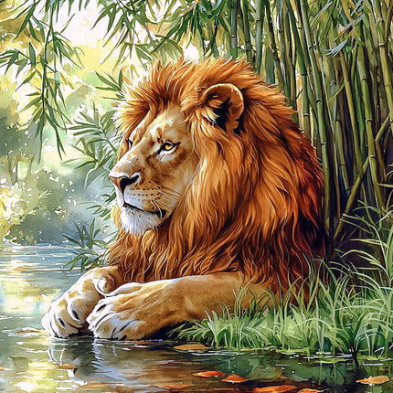 A digitally printed fabric panel featuring a majestic lion with a mane in shades of orange and yellow, sitting in a lush environment with greenery and water.