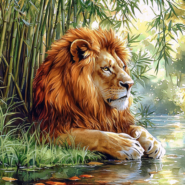 Lion lying in water surrounded by greenery fabric panel