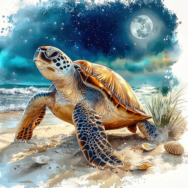 Tortoise on a beach with a moonlit sky fabric panel