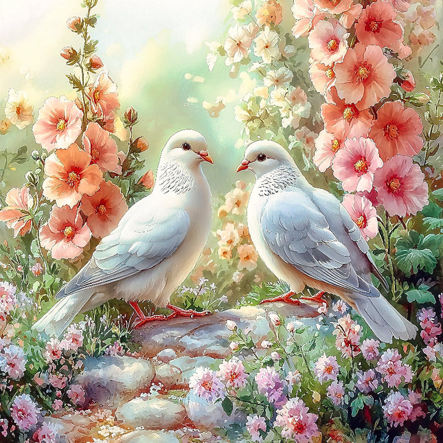 A fabric panel featuring two doves sitting on a rock surrounded by pink flowers.