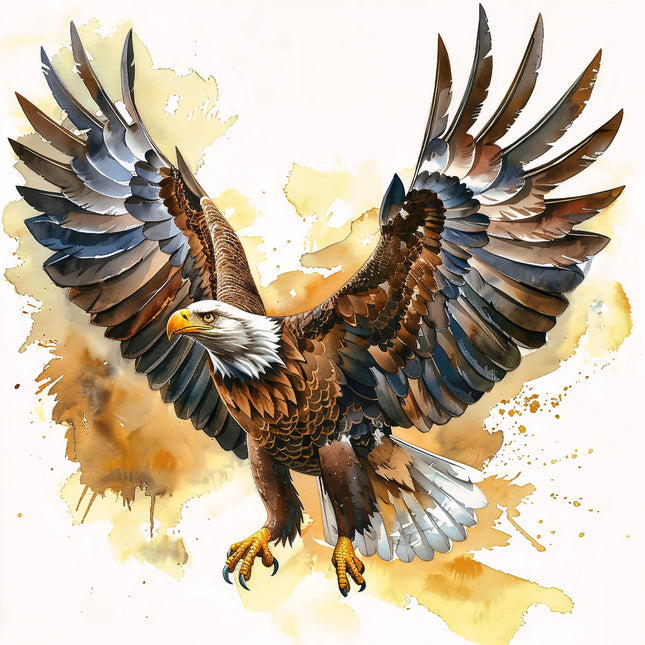 A digitally printed fabric panel featuring a quilt block with a digitally painted bald eagle in flight against a splattered paint background.