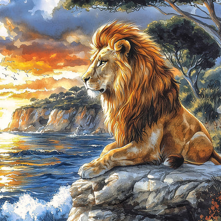 A digitally printed fabric panel featuring a majestic lion sitting on a rock by a body of water with a sunset in the background.