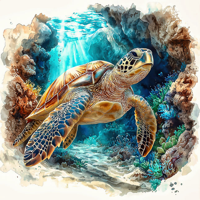 sea turtle swimming among coral and underwater plants fabric panel