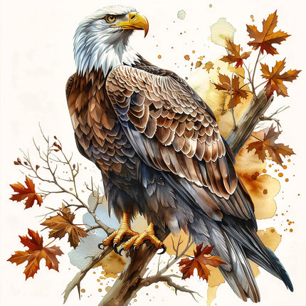 A digitally printed fabric panel featuring a realistic image of a bald eagle perched on a branch with autumn leaves in the background.