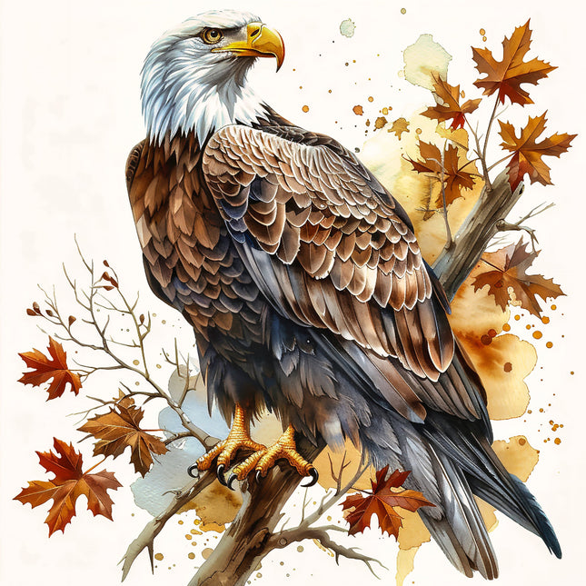 A digitally printed fabric panel featuring a realistic image of a bald eagle perched on a branch with autumn leaves in the background.