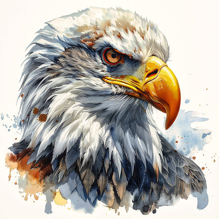 A digitally printed fabric panel featuring a close-up image of a bald eagle's head with a splash of watercolor effect.