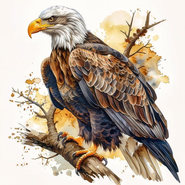 A digitally printed 100% cotton fabric panel featuring a block quilt design with a bald eagle perched on a branch, with a splash of watercolor effects in the background.
