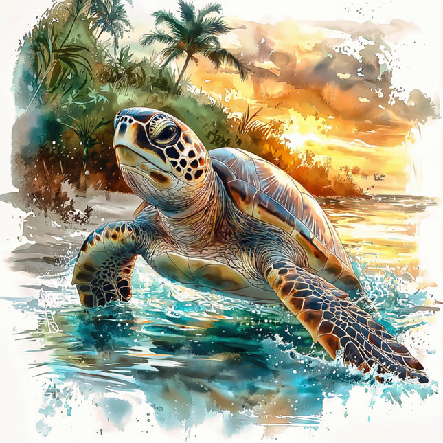 Tortoise swimming in water with a sunset and palm trees fabric panel