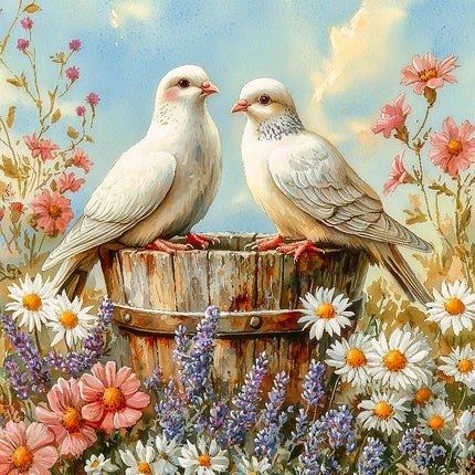 A fabric panel featuring two doves perched on a wooden structure surrounded by a floral design with various colored flowers.