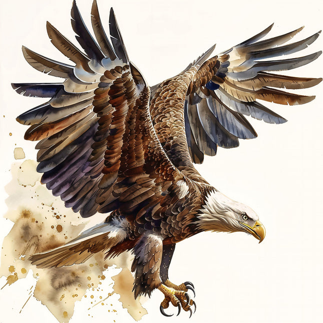 A digitally printed fabric panel featuring a block of a bald eagle in flight with wings spread, on a white background with some splatters of color.