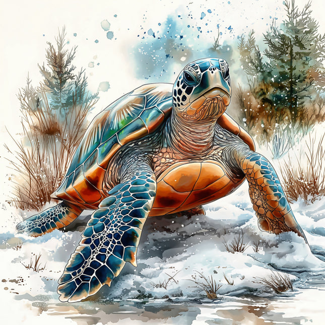 Colorful turtle in a snowy landscape with trees and grass fabric panel