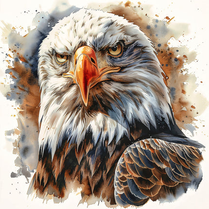 A digitally printed fabric panel featuring a close-up image of a bald eagle's head and shoulder against a splattered paint background.