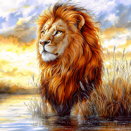 A digitally printed fabric panel featuring a majestic lion with a mane in shades of orange and a sunset sky in the background.