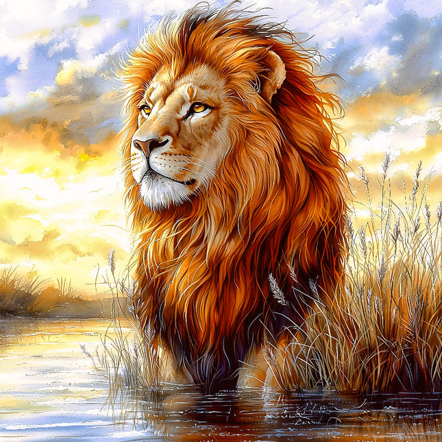 A digitally printed fabric panel featuring a majestic lion with a mane in shades of orange and a sunset sky in the background.