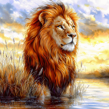 Lion standing in water with a sunset sky and grass fabric panel