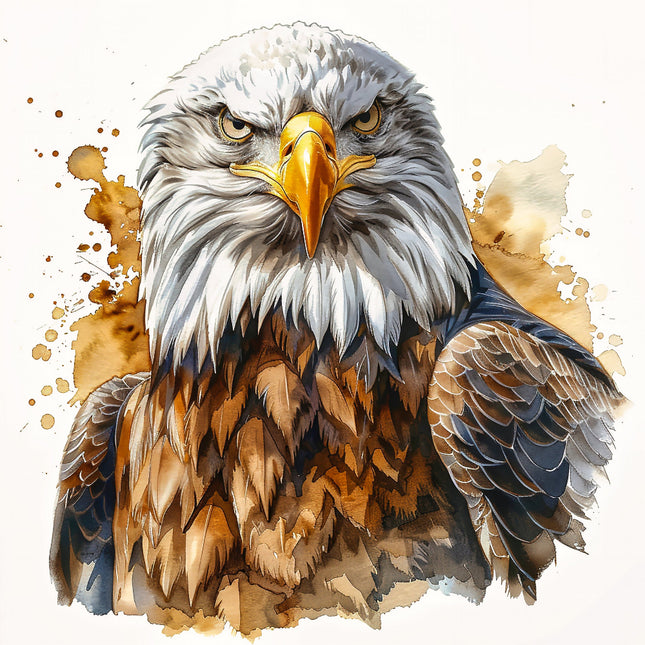 A digitally printed 100% cotton fabric panel featuring a block image of a bald eagle with a white head and brown body against a splattered paint background.