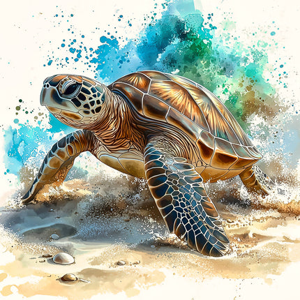A digitally printed 100% cotton fabric panel featuring a sea turtle on a sand-like surface with a splash of water in the background.