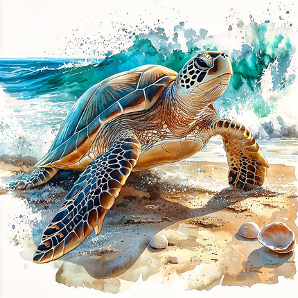 A digitally printed fabric panel featuring a sea turtle on a beach with ocean waves in the background.