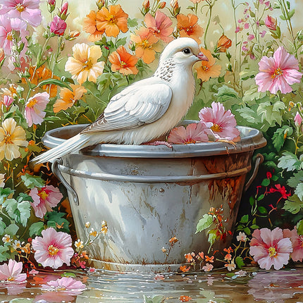 A fabric panel featuring a digital print of a white bird perched on a bucket, surrounded by colorful flowers.