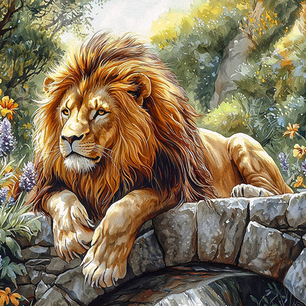 A digitally printed 100% cotton fabric panel featuring a majestic lion resting on a stone bridge with a lush green background.