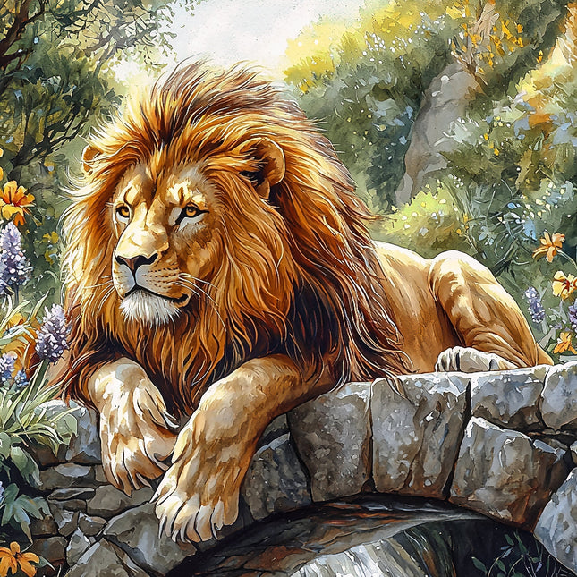A digitally printed 100% cotton fabric panel featuring a majestic lion resting on a stone bridge with a lush green background.