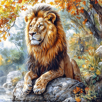 A digitally printed 100% cotton fabric panel featuring a block image of a majestic lion with a mane, sitting on a rock with autumn leaves in the background.