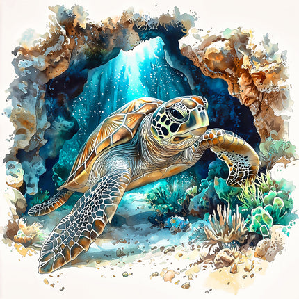 A digitally printed 100% cotton fabric panel featuring a sea turtle with a coral reef in the background.