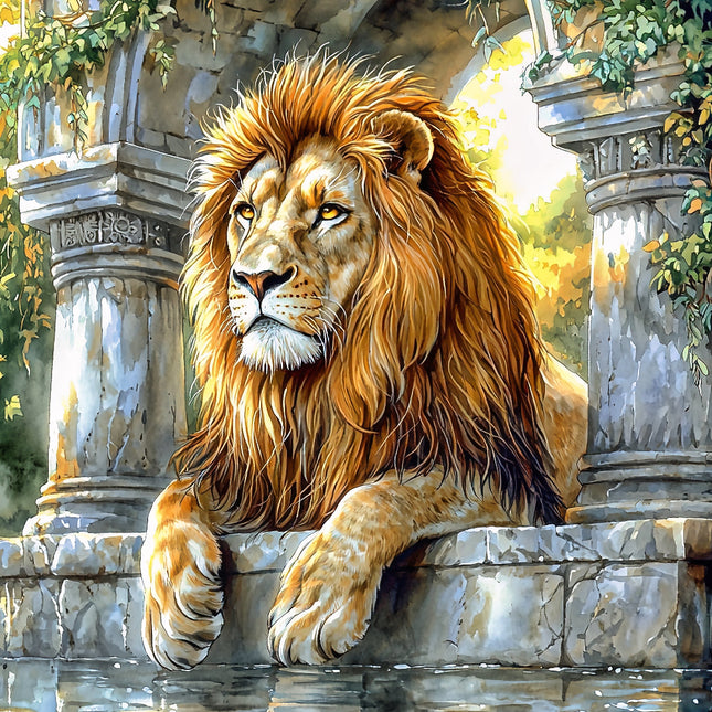 A digitally printed fabric panel featuring a majestic lion sitting regally on a stone bench with columned arches in the background.