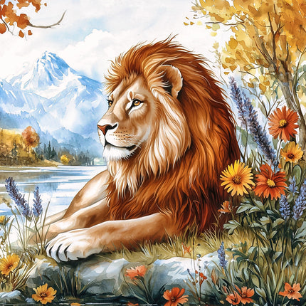 A fabric panel featuring a digitally printed image of a lion with a mountainous background and flowers in the foreground.
