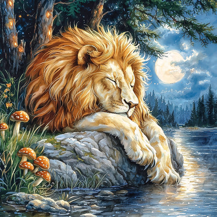 A digitally printed 100% cotton fabric panel featuring a majestic lion resting on a rock beside a body of water, with a forest and full moon in the background.
