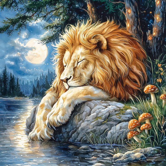 Lion resting by a stream with mushrooms and trees and moon fabric panel