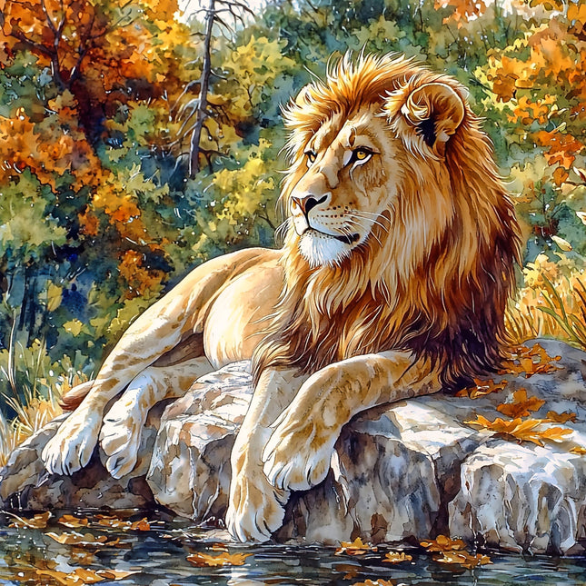 A digitally printed fabric panel featuring a majestic lion sitting on a rock with autumn leaves in the background.