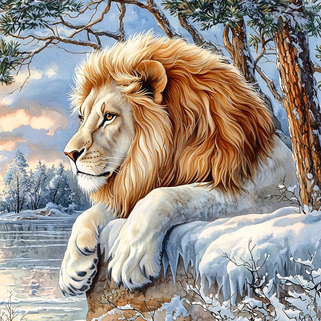 A fabric panel featuring a digitally printed image of a lion sitting on a snowy bank with trees in the background.