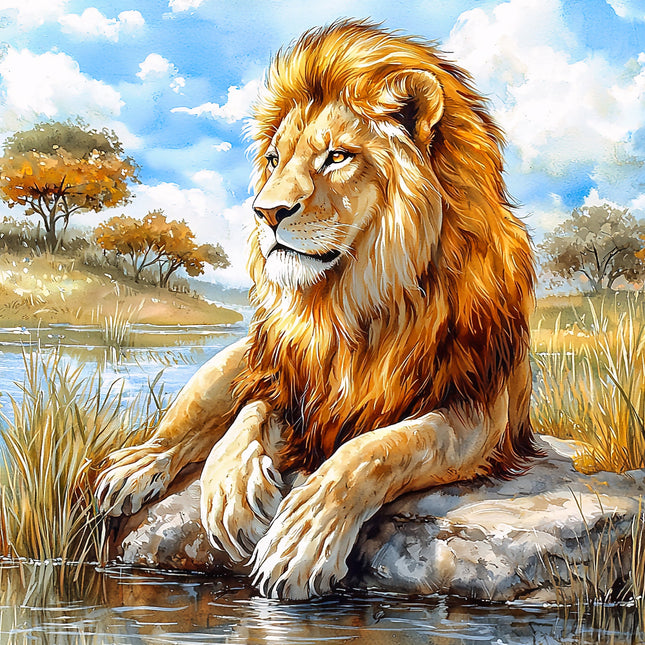 A digitally printed fabric panel featuring a majestic lion sitting on a rock by a water body with a scenic landscape in the background.