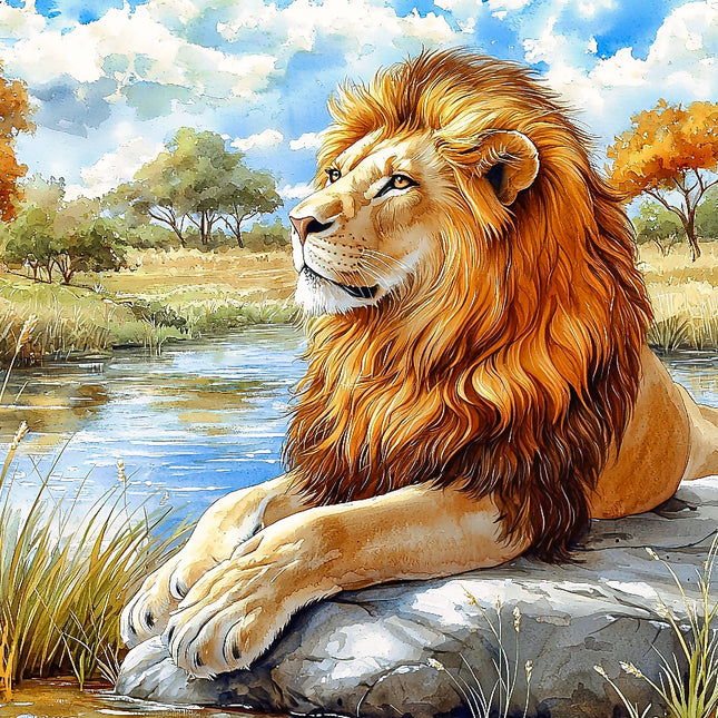 A digitally printed fabric panel featuring a majestic lion sitting on a rock beside a river in a grassy landscape.