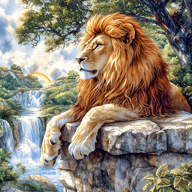 A digitally printed fabric panel featuring a majestic lion sitting on a rock with a waterfall and trees in the background.
