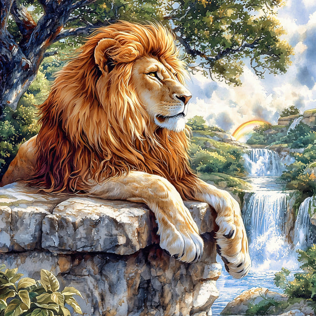 Lion sitting on a rock with a waterfall and trees fabric panel