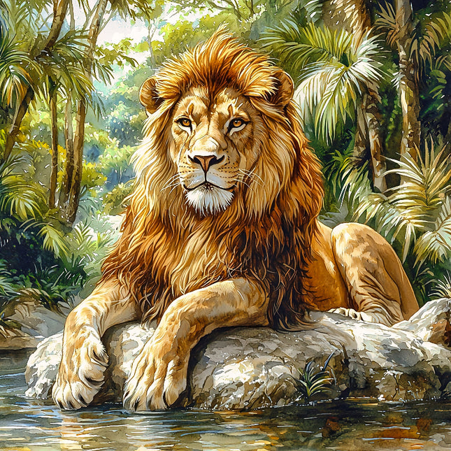 A digitally printed fabric panel featuring a majestic lion sitting on a rock in a tropical setting.