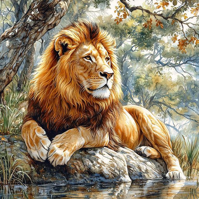 A digitally printed fabric panel featuring a majestic lion sitting by a waterhole with trees in the background.