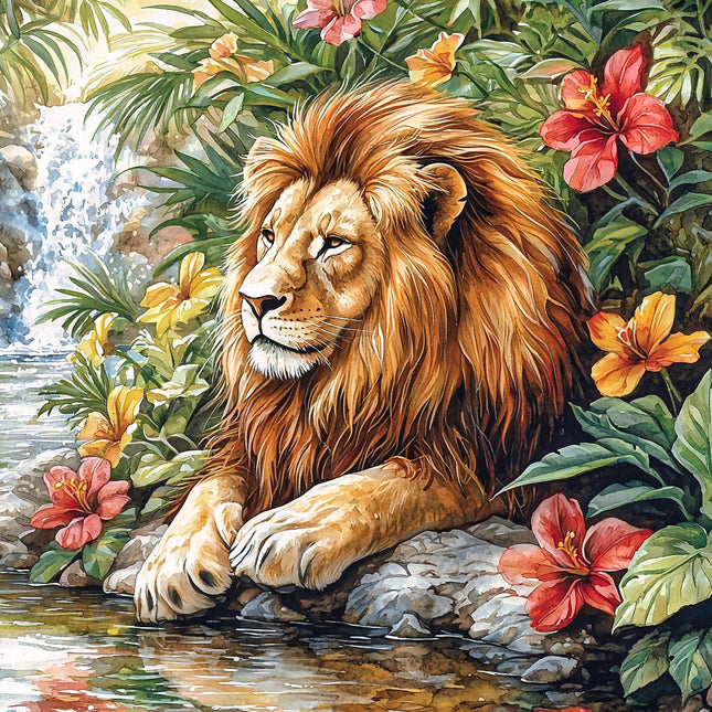 A fabric panel featuring a digitally printed image of a lion with a waterfall and flowers in the background.