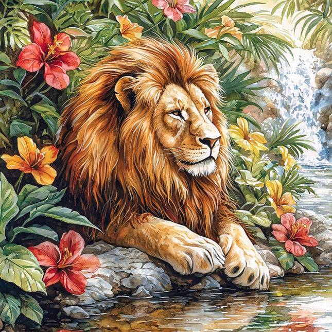 Lion sitting by a stream with lush foliage and flowers fabric panel