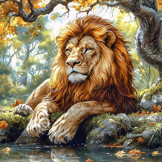 A digitally printed fabric panel featuring a majestic lion sitting on a rock with autumn leaves and a tree in the background.