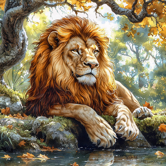 Lion lying by a stream quilt block