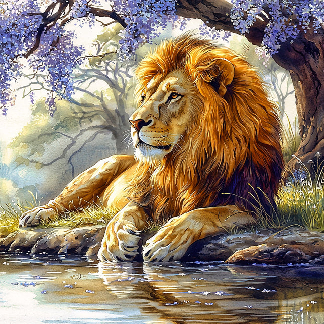 A digitally printed fabric panel featuring a majestic lion sitting by a waterhole with trees and flowers in the background.