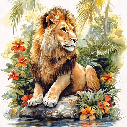 A fabric panel featuring a digitally printed image of a lion sitting on a rock with flowers in the background.