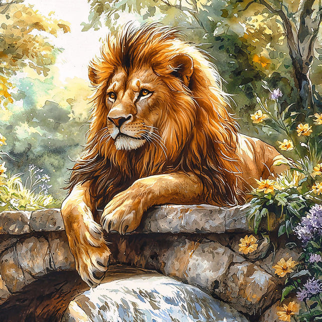 A digitally printed fabric panel featuring a majestic lion resting on a stone surface with a lush, green background.