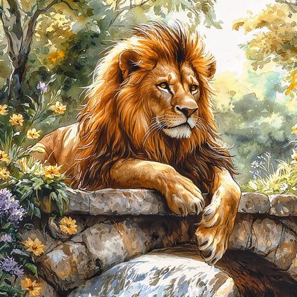 Lion lounging on a rock with flowers and foliage quilt block